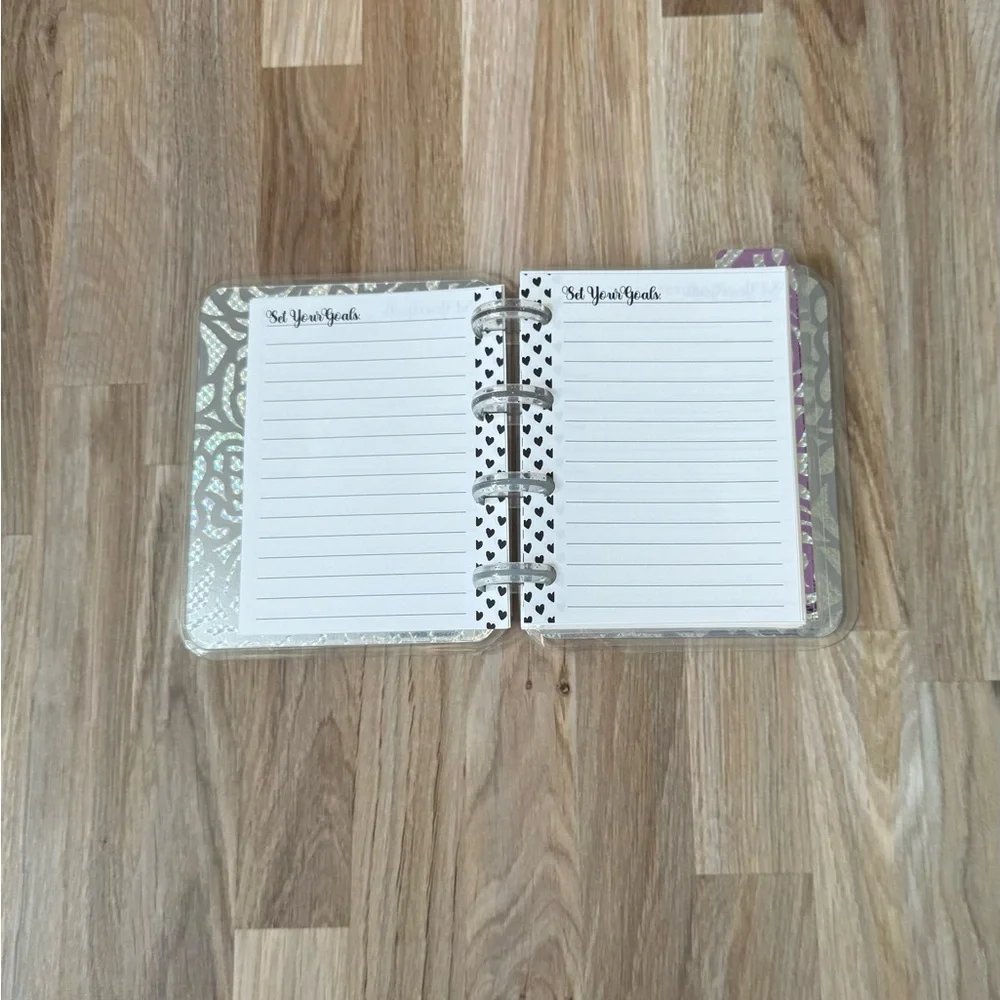 Micro planner holographic roses pink and silver weekly layout.